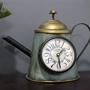 Malik Designs- Decorative Kettle Shaped Table Clock | Metal Table Decor Showpiece | Metal Decorative Clock | Multicolor | 11.5x8x8.5 inches