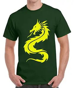 Caseria Men's Round Neck Cotton Half Sleeved T-Shirt with Printed Graphics - Chinese Dragon (Bottel Green, XL)