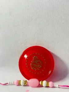 Traditional Rakhi Bracelet for Raksha Bandhan, Gold Plated with Pink and White Beads, Adjustable Size, Round (blue)