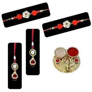 Saugat Traders Set of 2 Rakhi for Bhaiya n Bhabhi - Designer Rakhee for Brother and Lumba Rakhi for Bhabhi Pair Pack of Two with Roli Chawal Chopra set - Handmade Rakhis