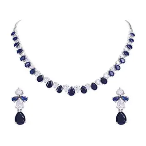 Ratnavali Jewels American Diamond Silver Plated Traditional Fashion Jewellery Blue White Necklace Pendant Set with Earring for Women/Girls RV3417B
