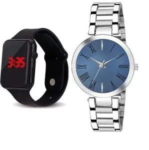 Design Stainless Steel Strap Analog Watch and Rubber Strap Digital Watch Free for Girls(SR-644) AT-6441(Pack of-2)