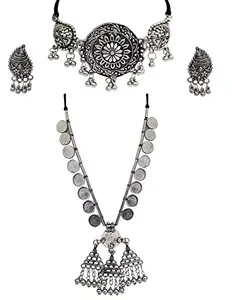 Total Fashion Latest Stylish Boho Trible Silver Oxidised Chain Pendant Necklace Jewellery Set Women for Girls