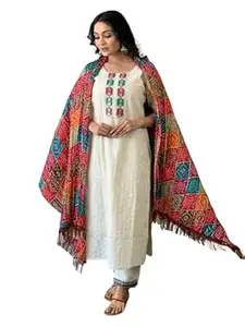 Sri Aura Women's Cotton Chikankari Print Straight Kurti with Pant andMulmul Dupatta Set