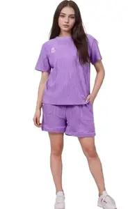Women Cute Bear 2 Piece Outfit Short Sleeve Top and Shorts Tracksuit Lounge Set (PURPLE, L)