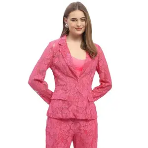 Madame Lapel Collar Hot Pink Lace Fabric Blazer