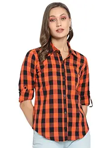 Vastraa Fusion Women's Cotton Regular Check Shirt/Top (Orange & Black, Size - M)
