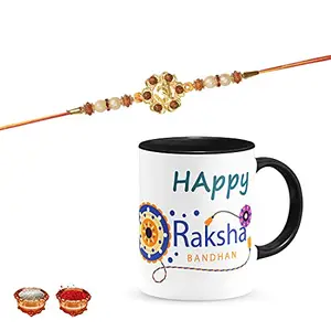 Manonita Rakhi Gift for Brother, bhaiya bhabhi, Gift Set (Rakshabandhan Mug, Roli,Chawal) BLACKMUG-4-BJ