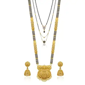 Brado Jewellery Traditional Gold Plated 30inch Long and 18inch short 2 Inch Earring Combo Of 3 Mangalsutra/Tanmaniya/nallapusalu/Black Beads For Women and Girls