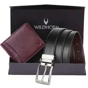 WildHorn Formal Reversible Leather Belt & Wallet Combo for Men I Gift Hamper I Gifts for Men (Free Size, (iv) Reversible Belt & Maroon Wallet)