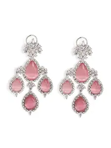 Priyaasi Floral Pink Stoned American Diamond Floral Pattern Silver Plated Drop Earrings - Sophisticated & Unique Craftsmanship