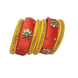 Elegance Beautiful Kundan Red - Mustard Yellow Silk Thread Bangle (Set of 6) - 2.4