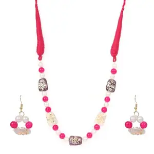 Elegant Pink & White Beads Necklace with Purple Stone Adjustable Thread Jewellery for Women & Girls Long Handmade Ethnic Style