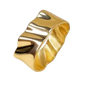 Gold Plated Wavy Band Ring for Women | Unique Textured Statement Adjustable Ring | Trendy Hypoallergenic Fashion Jewelry | Lightweight Gold Wide Ring Gift for Party Anniversary