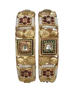 Santosh.Enterprise Traditional Gold-Plated Bangles Set, Pearl and Ruby Floral Design, Square Kundan Meena Work, 2 Pieces (2.4)