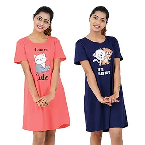 Buy That Trendz Women's Cotton Graphic Print Knee Length Night Dress (3120D22-ImCteTRd Cmb2Ntdrs KndNvy, I am So Cute Tomato Red Be Kind Navy, L)