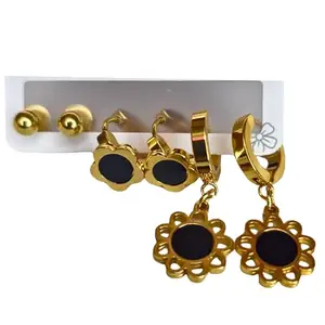 Camcasa 18K Gold Plated Stainless Steel Earrings | Combo of 3 | Trendy Anti-Tarnish Studs for Women & Girls | Lightweight Fashion Jewellery (Gold Black)
