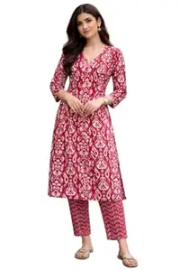 Women’s Red Cotton Printed Straight Kurta V-Neck 3/4 Sleeve Ethnic Kurti for Women