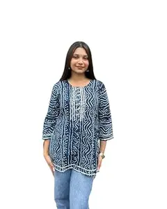 KEERRAZ Women's Rayon Bandhej/Bandhani Short Kurta with Lace Work,3/4 Sleeves, Round Neck