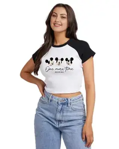 Women's Crop Top with Heart Design, Raglan Short Sleeves, White and Black, Ribbed Cotton (in, Alpha, S, Regular, ONE More TIME)