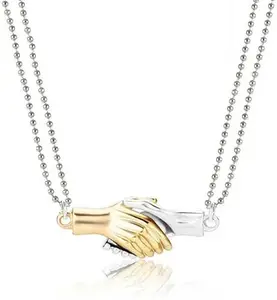 Men's, Women's Stainless Steel I Love You Magnetic Valentines Day Special Romantic Lovers Hold Hands In Hand Couples Friendship Promise Duo 2 In 1 Magnet Couple Necklace (Golden & Silver, 2 Pieces)