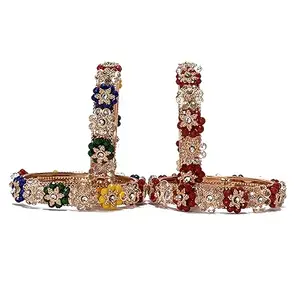 ONFLOW Non-Precious Metal Base Metal with Pearl Or Zircon Gemstone and Flower Shaped Glossy Finished Kada Set For Women and Girls (Red and Multi Color_4Kangan, 2.8 Inches)