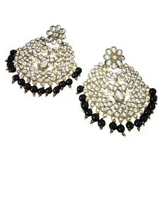 Fashion Empire Traditional Kundan Pearl Earrings, Gold-Plated with Black Beads, Floral Design