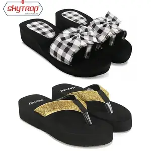 Skytrap Women Black, Gold EVA Slippers Flipflop Combo of 2 (numeric 4)