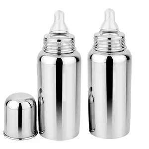 Duggu Kids Stainless Steel Feeding Bottle 304 Grade Steel with Anti Colic Silicone Nipples - 250 ml (Silver) /Ideal for Newborns and Toddlers (Pack of 2)