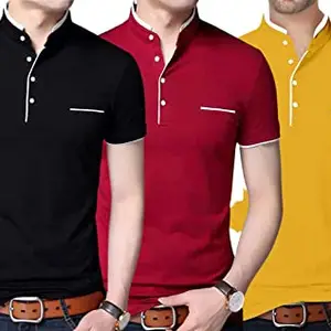 Pixie Fashion Polycotton Mandarin Collar Half Sleeves Men's T-Shirts Combo (Pack of 3) Black, Red and Yellow