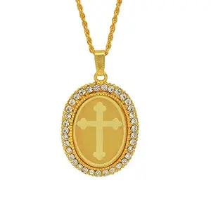 Memoir Gold plated CZ American Diamond, Cross Crucifix embossed Oval pendant Locket, Chain necklace Church Christian Jewellery for Men Women Boys Girls