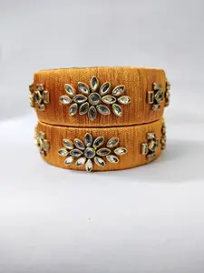 Generic Mustard colour kundan stones studded silk thread bangles set