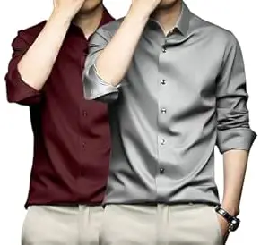 DEELMO Combo of Men's Stylish Solid Satin Casual Shirt for Men Full Sleeves| Poly Satin Silk Shirt Pack of 2