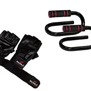 Star X StarX Fitness Combo of S Shape Pushup Bar with Leather Gym Gloves (Black)