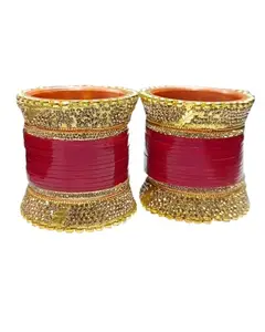 SGN FASHION Indian Wedding Bangles Red & Gold | Bridal Chura Style Stone Work | Festive Red Enamel & Gold Stone Bangles | Bridal Function Jewelry (2.2)