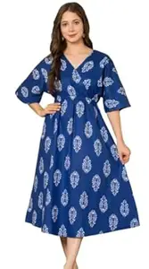 Prajapati fashion Women's Cotton Blend Maxi Midi Dress Western Dress for Women Elegant Floral Printed Long Dresses