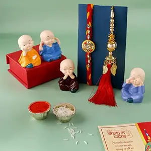 CraftVatika Rakhi Gift Combo Set of 2 Rakhi for Brother and Bhabhi with Showpiece Gift - Kundan, Lumba Rakhi with Set of 4 Miniature Buddha Monk Figurines Showpiece with Greeting Card