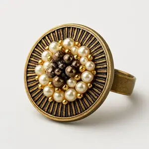 Happy Hues Vintage Pearl Ring, Antique Gold Sunburst Design, Adjustable Traditional Ethnic Style, White and Bronze Beaded Flower Pattern