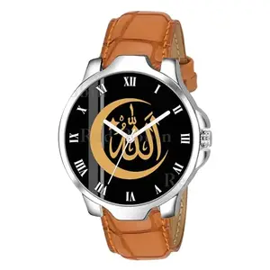 Gadgets World Analogue Allah Chand Design Round Dial Latest Fashion Attractive Leather Beige Strap Stylish Wrist Watch for Muslim Men and Boys, Pack of 1 - IW006-ROM-3K-SIL-TAN-CRL