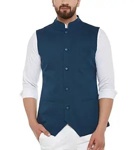 HYPERNATION Blue Color Cotton Waistcoat For Men