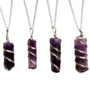 Natural Amethyst Spiral Wire Wrapped Pencil Shaped Pendant Healing Crystal Gemstone Pendant for Women & Men Stone Charms for Jewellery (Pack of 1)-Without Chain