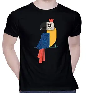 CreativiT Graphic Printed T-Shirt for Unisex Mandala_Parrot_variant2_for Light BG Tshirt | Casual Half Sleeve Round Neck T-Shirt | 100% Cotton | D00820-1_Black_Large