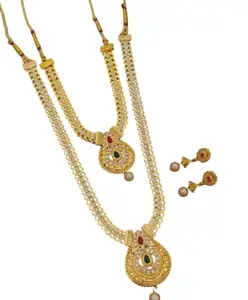 Traditional Gold-Plated Necklace Set with Pearl Drops, Crystal Stones, Red-Green Gemstones, Double Layer Design
