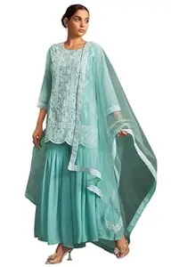 DRESOUL Women Georgette Schiffli Embroidered Straight Kurta Sharara Set with Net Dupatta