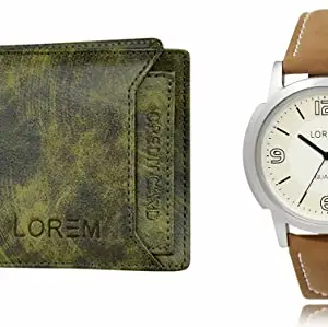 LOREM Green Color Faux Leather Wallet & White Analog Watch Combo for Men | WL27-LR16