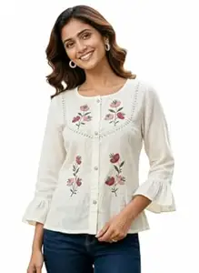 Hitarth Fashion Women’s Khadi Cotton Regular Tunic | Mandarin Collar Kurti Style Top | Solid Regular Fit Casual & Office Wear | 3/4 Sleeves Ethnic Western Fusion Tunic | Breathable Handloom Fabric