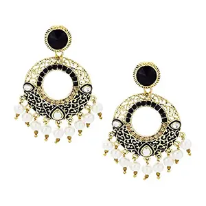 Zivom® Chaand Bali Filigree Black Meenakari Kundan Pearl Earring For Women