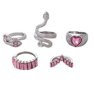 Jewels Galaxy Jewellery For Women Silver Plated Pink Stone Studded Heart-Snake inspired Stackable Rings Set of 5 (JG-PC-RNGP-991)
