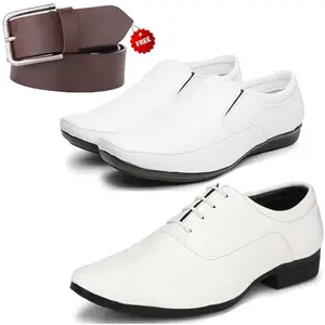 Fashionable Trendy Formal Shoes/Party Shoes/ 2 Shoes Combo with Free Belt for Men and Boys (BAZAAR9165_VTR006-Wht-2007-Bdr) Multicolor