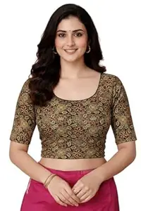Amazon Brand - Anarva Women's Kalamkari Print Cotton Stretchable Round Neck Readymade Saree Blouse